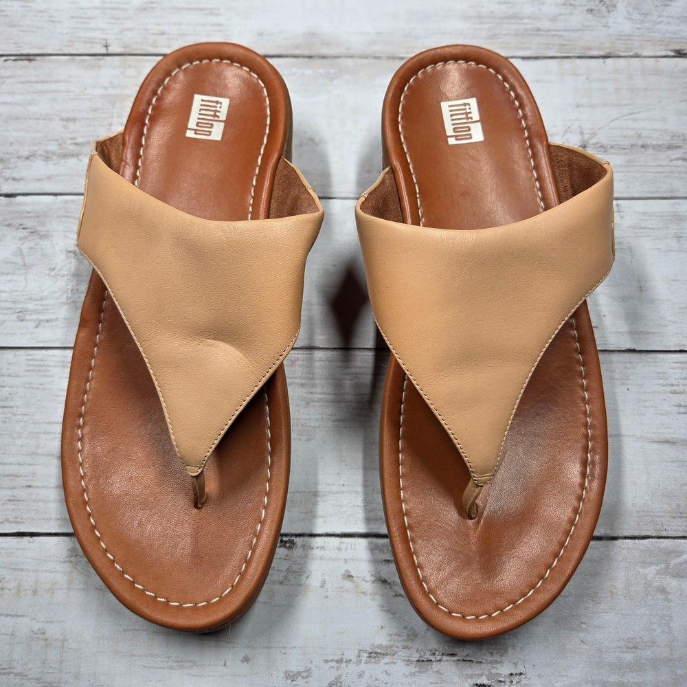 FitFlop Lulu Thong Sandals Platform Wedge Womens‎ 10 Beige Leather DW7-668